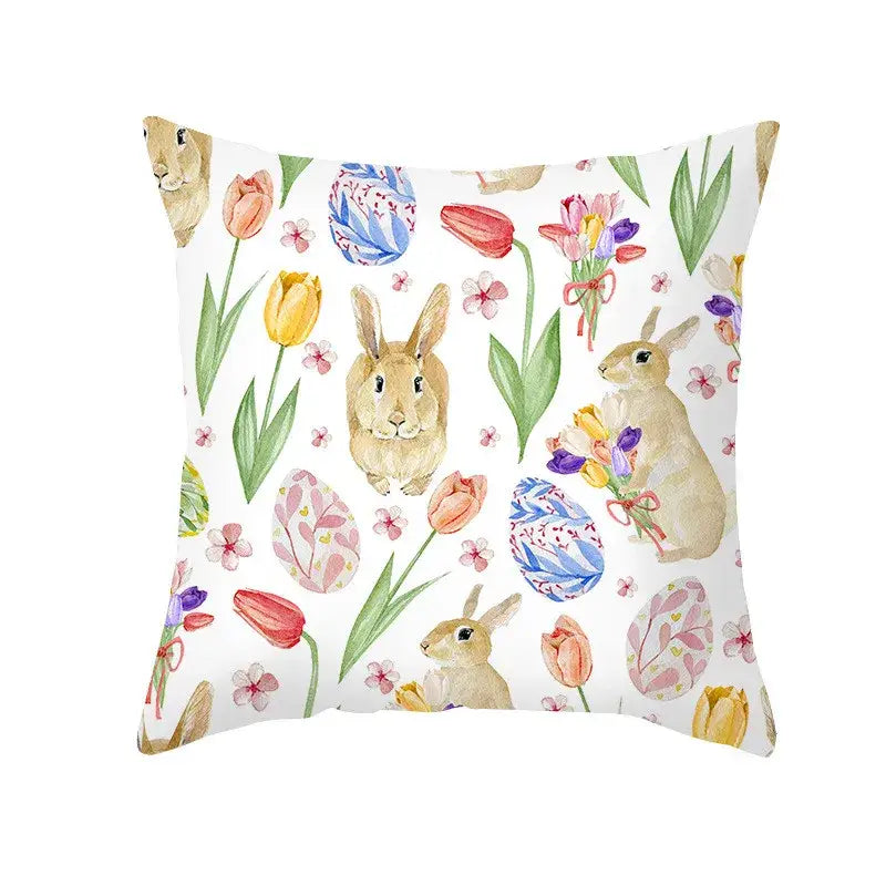 White throw pillow with tan easter rabbit pattern colorful tulips and decorative eggs pillowcase for home decor