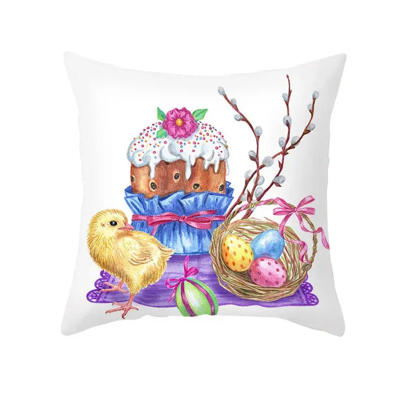 White throw pillow with easter rabbit and eggs pillowcase featuring a decorated cake and yellow chick for home decor