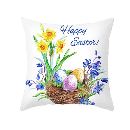 White throw pillow with easter rabbit and eggs pillowcase featuring yellow daffodils and blue bellflowers for home decor