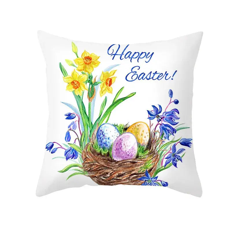 White throw pillow with easter rabbit and eggs pillowcase featuring yellow daffodils and blue bellflowers for home decor