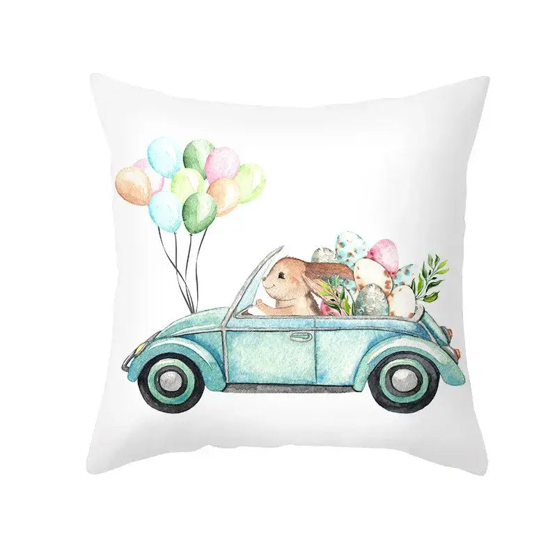 White throw pillow with a watercolor light blue vintage car featuring an easter rabbit and eggs pillowcase for home decor