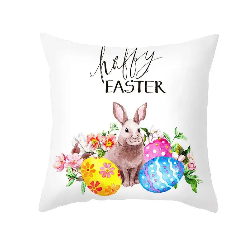 White throw pillow with easter rabbit watercolor design and colorful eggs pillowcase for home decor living room use