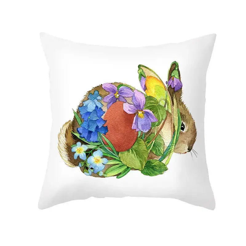White throw pillow with easter rabbit and eggs pillowcase featuring a brown rabbit and floral home decor design