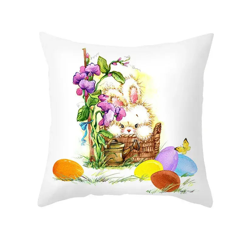White cushion easter rabbit and eggs pillowcase featuring two fluffy bunnies in a basket with flowers for home decor
