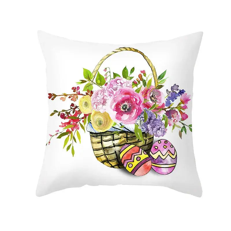 White throw pillow with watercolor woven basket, colorful flowers, and patterned easter eggs pillowcase for home decor
