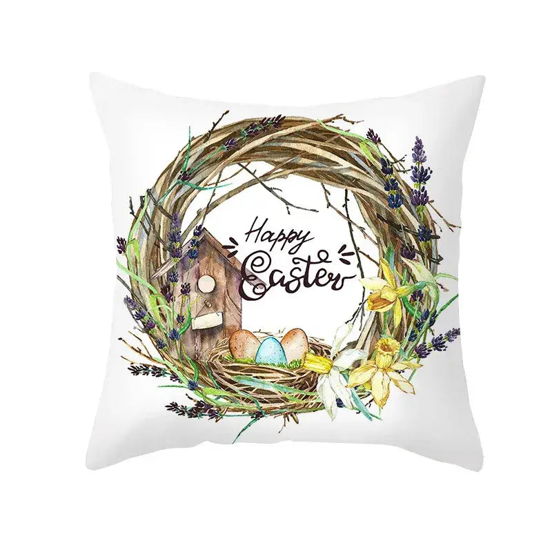 White throw pillow with easter rabbit and eggs pillowcase featuring a floral wreath and birdhouse for home decor