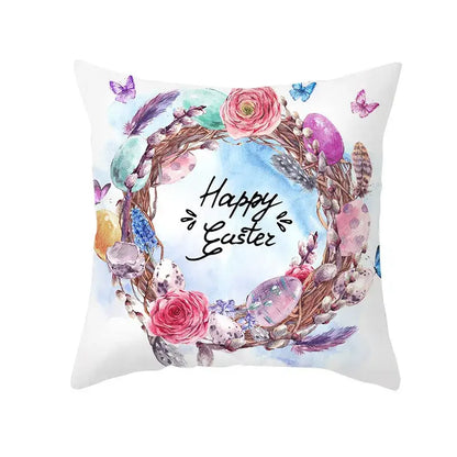 White throw pillow with watercolor easter rabbit and eggs pillowcase featuring pink roses and butterflies for home decor