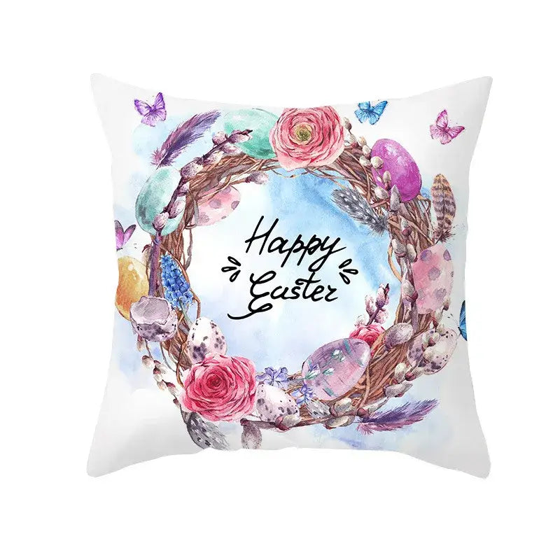 White throw pillow with watercolor easter rabbit and eggs pillowcase featuring pink roses and butterflies for home decor