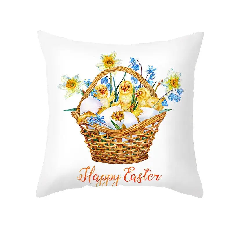 White cushion featuring a watercolor illustration of yellow chicks in a basket with daffodils and happy easter text for home decor eggs pillowcase