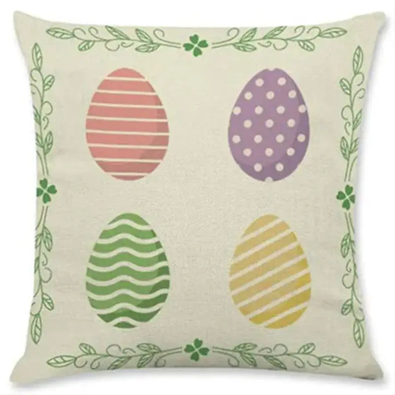 Beige eggs linen pillowcase set with colorful easter rabbit eggs and green leafy borders for living room decor