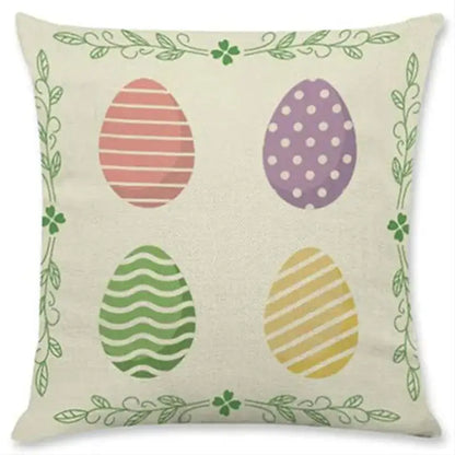 Beige eggs linen pillowcase set with colorful easter rabbit eggs and green leafy borders for living room decor