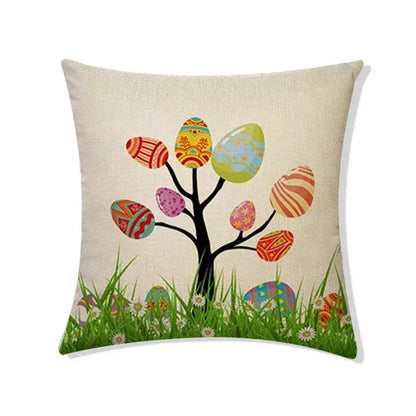 Beige linen eggs linen pillowcase featuring black tree with colorful rabbit eggs and grassy field for living room decor