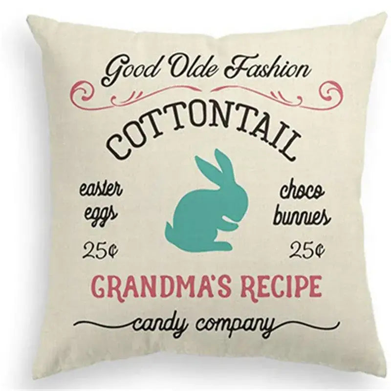 Cream-colored cotton eggs linen pillowcase featuring teal bunny silhouette and vintage text for living room decor