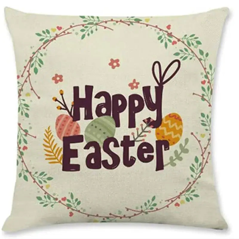 Beige linen eggs linen pillowcase with happy easter print surrounded by green leaves and colorful rabbit eggs for living room decor