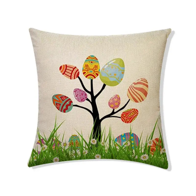 Beige linen eggs linen pillowcase featuring a black tree with colorful easter rabbit eggs and grassy field design