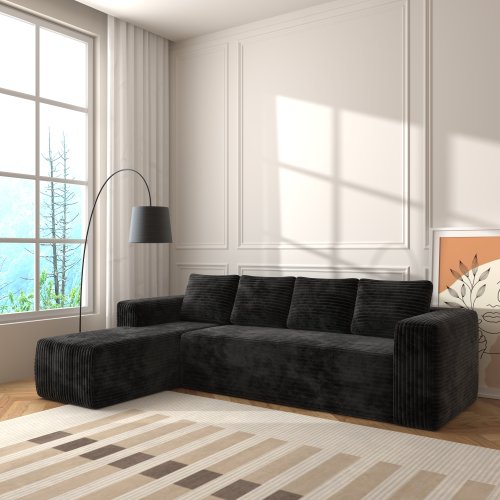 Sofá Seccional Cloud con Chaise en Forma de L, Sofá Modular Moderno con Asiento Profundo, Sofás Tapizados con Chaise Orientado a la Derecha para Sala de Estar o Dormitorio, Sin Ensamblaje Requerido, Tela de Terciopelo Negro Suave