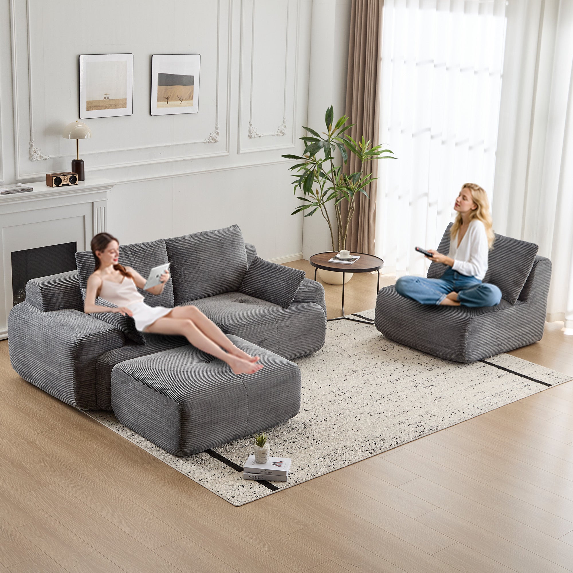 Grey Corduroy Sectional Sofa No-Assembly Cushions