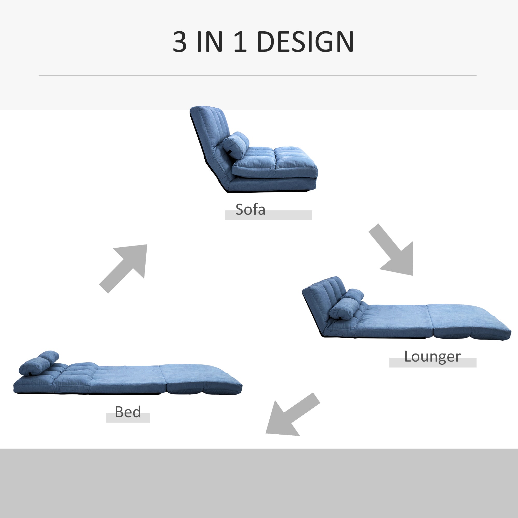 Grey Convertible Floor Sofa Adjustable Headrest
