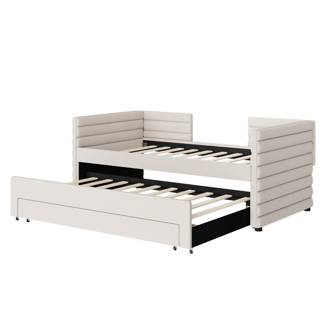 Cama de Día Tapizada de Tamaño Individual con Trundle y 3 Cajones de Almacenamiento, Sofá Cama de Tela Chenille para Habitación de Invitados, Sala de Estar, Marco de Cama de Día Moderno Ahorra Espacio, No Se Requiere Resorte de Caja