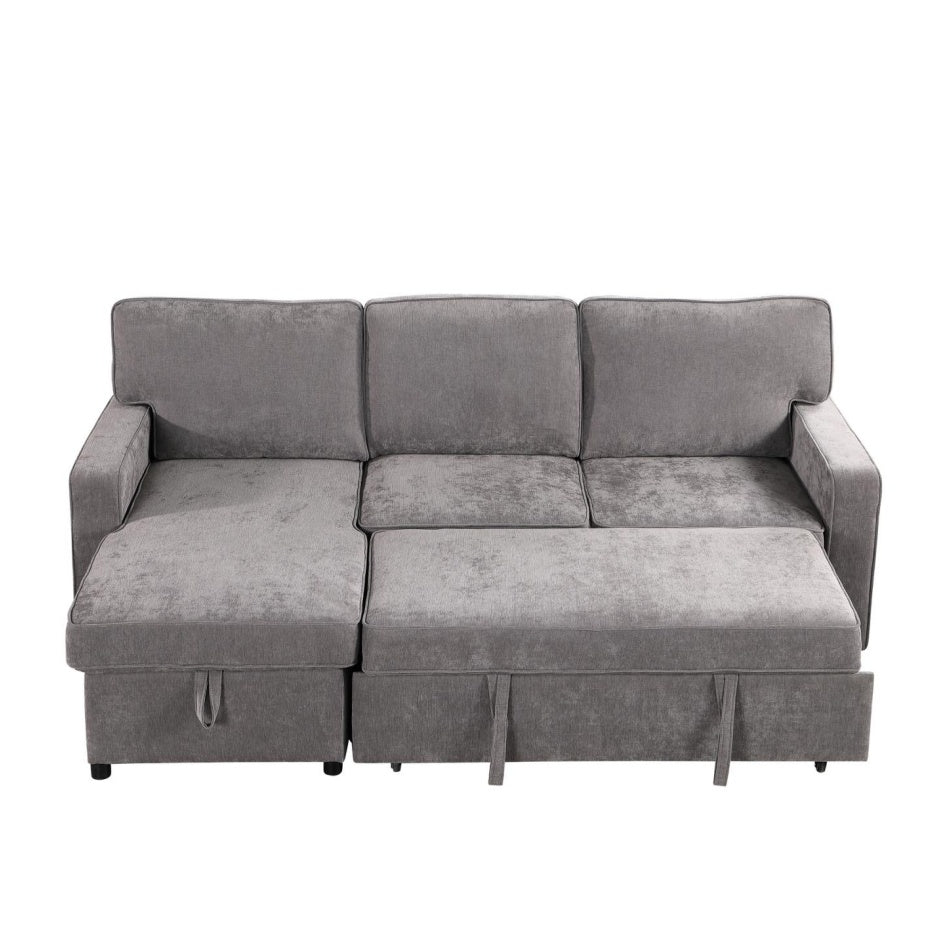Sofá Seccional Gris con Colchón Desplegable, Tapizado, Espacio de Almacenamiento, Puerto USB, 2 Portavasos en los Cojines del Respaldo