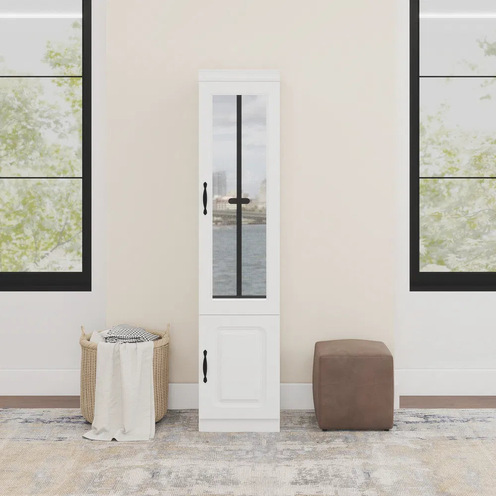 Livelylodge Slim White Storage Cabinet With Glass Door – Space-Saving Tall Organizer With Metal Handles, Perfect For Small Spaces Or Bedroom Use