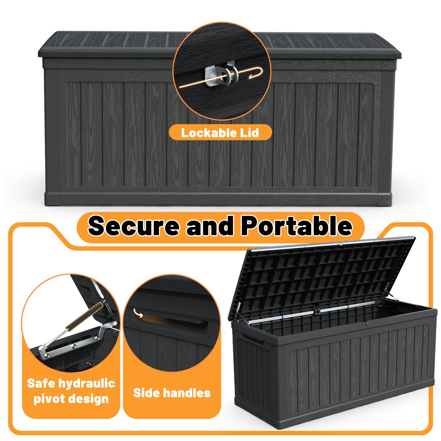 260 Gallon Large Outdoor Storage XXL Deck Box For Patio Furniture, Outdoor Cushions, Garden Tools And Sports Pools Equipment, Waterproof Resin, Lockable, Black