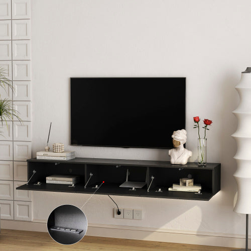 Schwebender TV-Ständer Wandmontiert mit 16-farbigen LEDs, Modernes TV-Ständer, Schwebender TV-Schrank Entertainment-Center für 55 60 65 Zoll TV, Schwarz