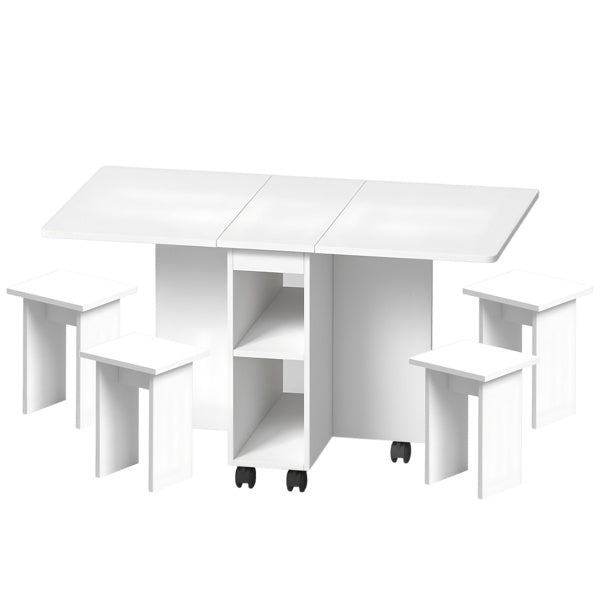 Juego de Mesa de Comedor Plegable con Hoja Caída para 4 Personas con 4 Sillas, Mesa de Comedor Plegable Ahorra Espacio con Almacenamiento y 6 Ruedas, 47.2 Pulgadas de Profundidad x 23.6 Pulgadas de Ancho x 30.3 Pulgadas de Altura, Blanco