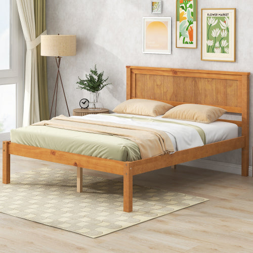 Estructura de Cama Plataforma con Cabecero, Soporte de Lamas de Madera, No Se Necesita Resorte de Caja, Tamaño Queen, Roble