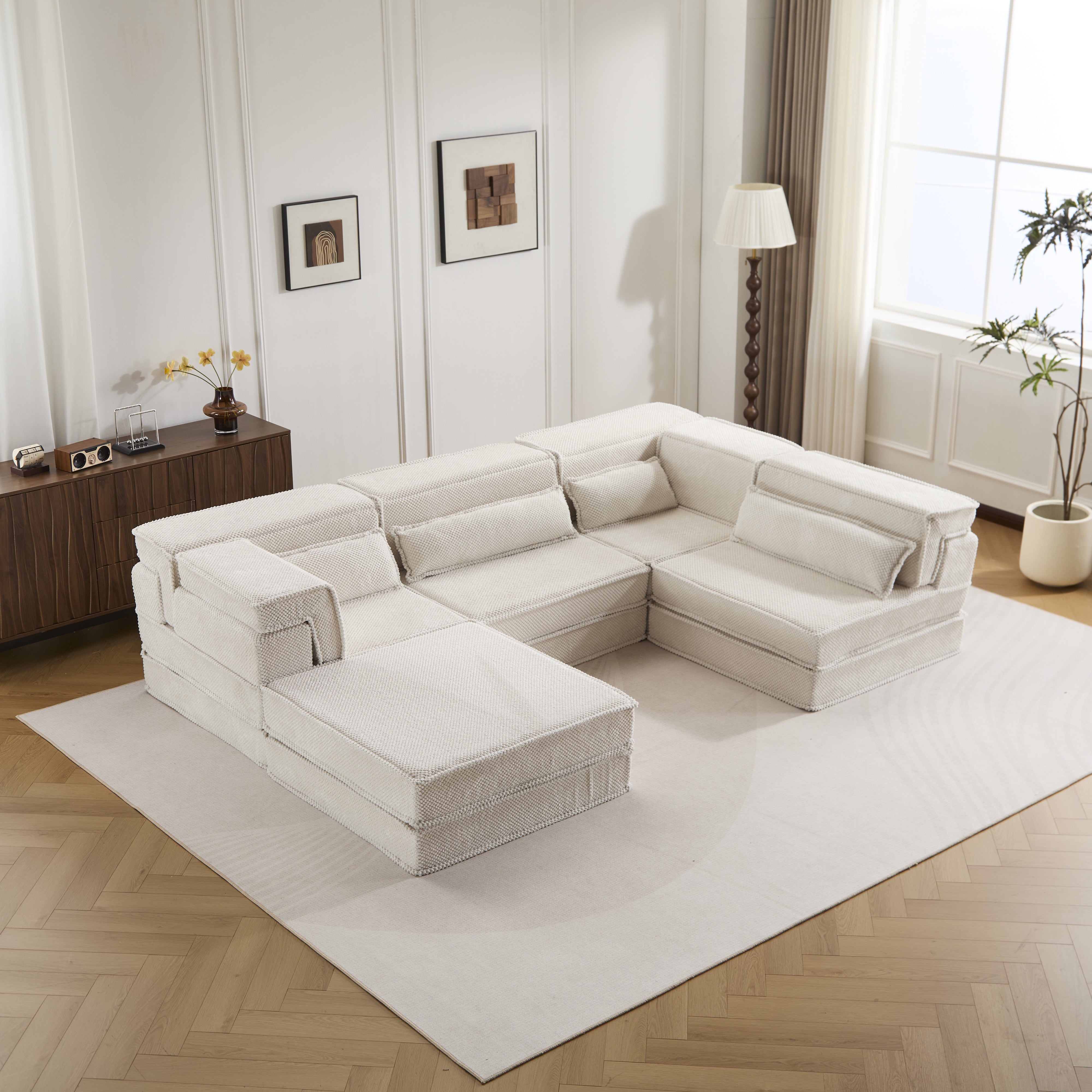 Sofá Mahjong de Compresión, Sofá Cama Convertible para el Suelo, Sofá Seccional Modular sin Huesos DIY, Sin Ensamblaje Requerido, Tejido de Lana de Circon Polar, Para 4 Personas Sobredimensionado con 1 Otomana, Blanco