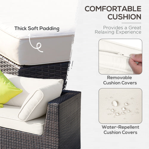 Outsunny Conjunto de Sofá de Esquina de Ratán PE de 8 Piezas con Cojines Gruesos, Conjunto de Muebles de Jardín de Ratán Exterior de Aluminio con Mesa de Tapa de Vidrio, Sin Ensamblaje Requerido, Marrón Mixto