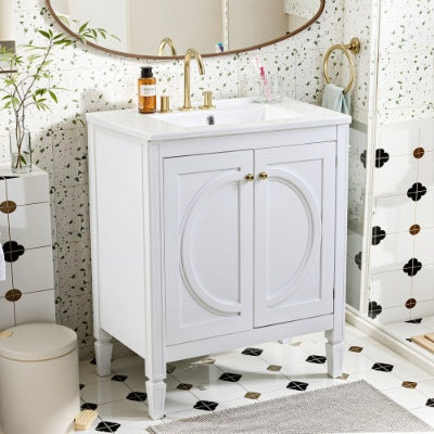 30 Zoll Montage nicht erforderlich Vintage Weißes Badezimmer-Waschbecken mit Keramikwaschbecken, zwei weich schließende Türen, verstellbares Regal, moderner Farmhouse-Stil