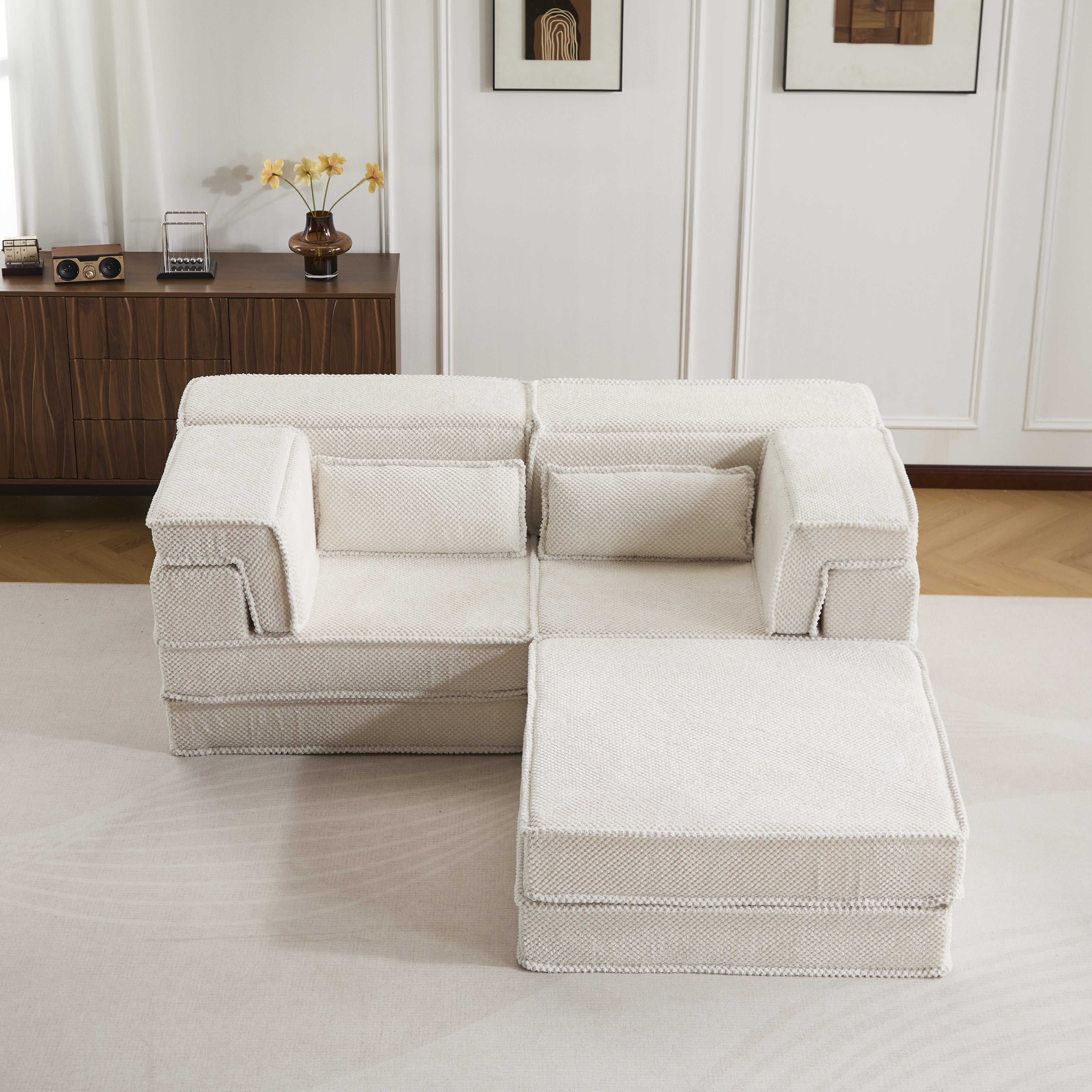 Sofá Mahjong de Compresión, Sofá Cama Convertible para el Suelo, Sofá Seccional Modular sin Huesos DIY, Sin Ensamblaje Requerido, Tejido de Lana de Círculo, Dos Plazas Sobredimensionado con 1 Otomana, Blanco