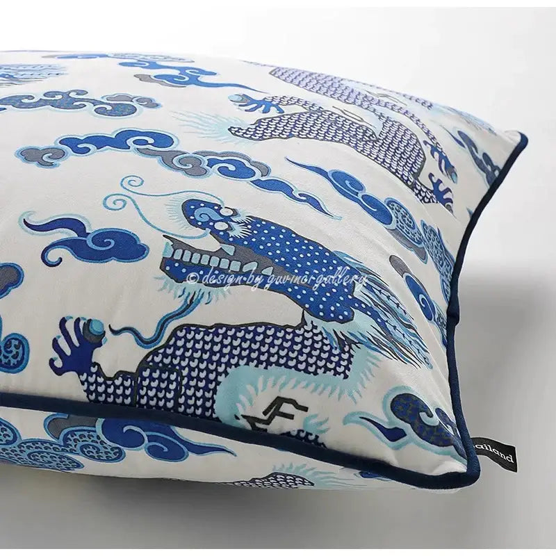 White velvet pillow cover with intricate indigo blue dragon and cloud patterns and navy piping for decorbites indigo blue decor