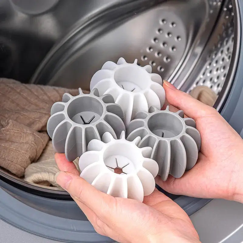 Eco-friendly laundry washing starburst balls in white and gray plastic with a gear-like petal-shaped design set of 10