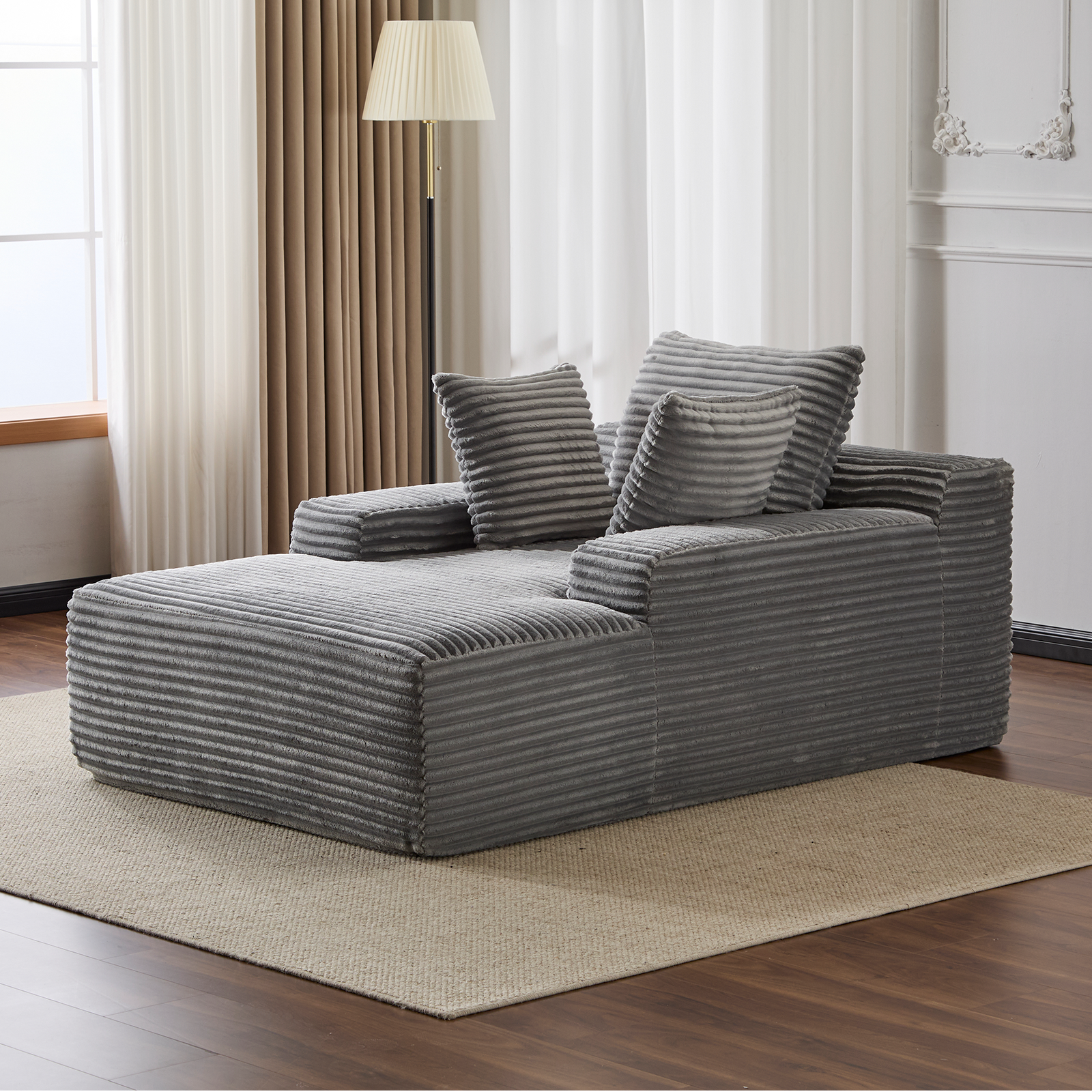 Sillón Chaise Lounge Sobredimensionado Cozy Cloud Couch, Sofá Cama Desmontable Moderno con Tapicería de Terciopelo Acanalado Mullido con 3 Cojines Decorativos y Reposabrazos Anchos para Sala de Estar, Sin Ensamblaje Requerido, Gris
