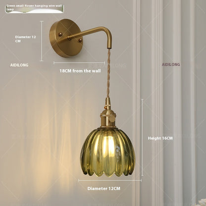 Retro Copper Glass Amber Little Flower Single-head Bedroom Simple Chandelier