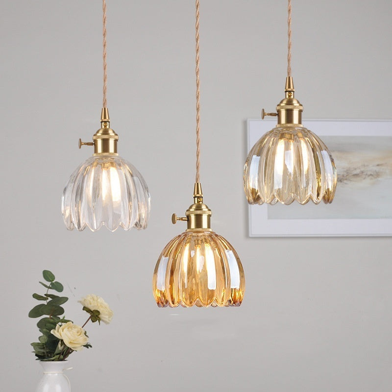 Retro Copper Glass Amber Little Flower Single-head Bedroom Simple Chandelier