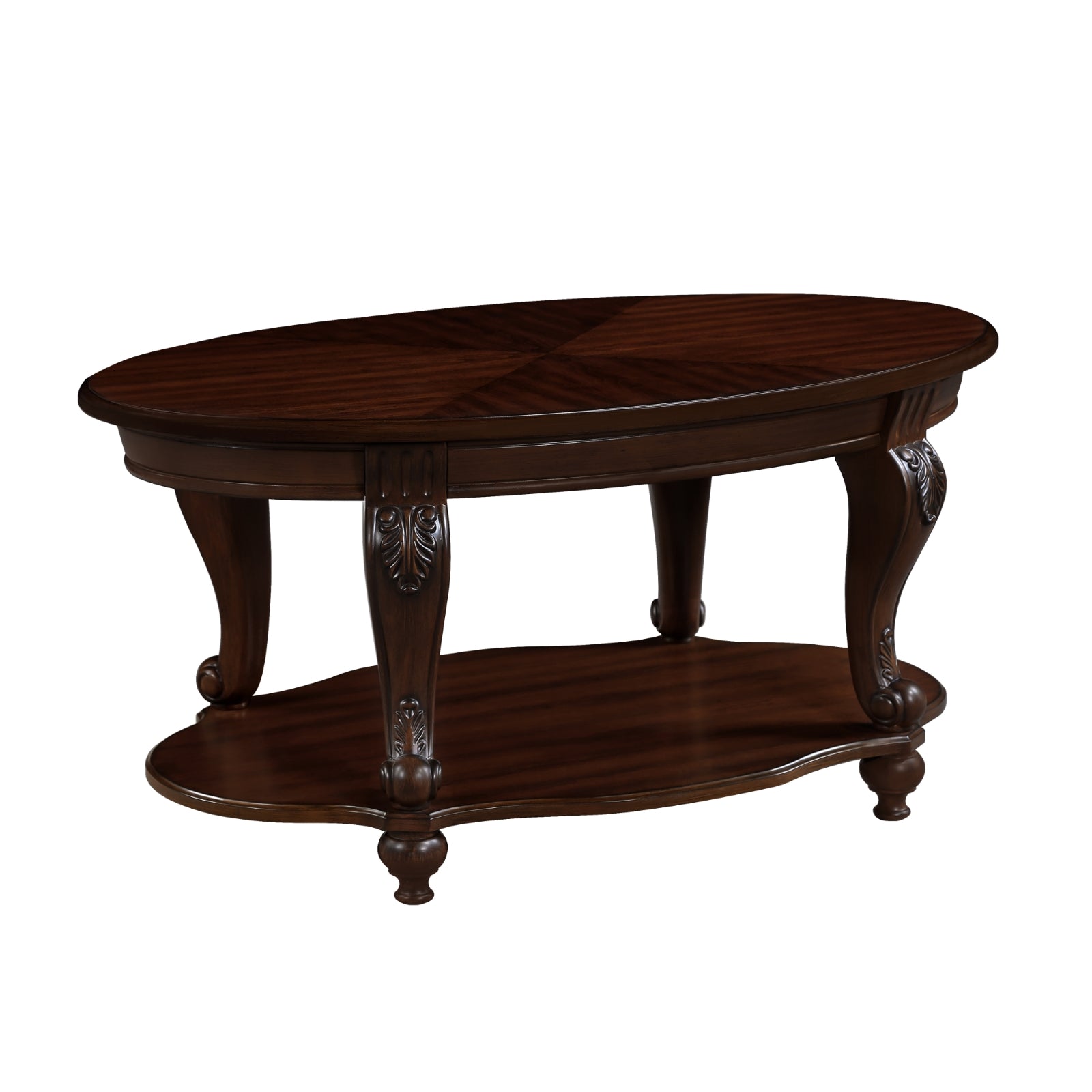 Mesa de centro de madera ovalada de 42'' para sala de estar, mesa de cóctel de madera maciza de 2 niveles con estantería de almacenamiento abierto