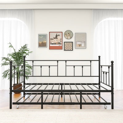Estructura de Metal para Daybed de Tamaño Twin con Conjunto de Trundle, Sofá Cama de Día Twin, Daybed y Sofá Cama con Ruedas para Habitación de Invitados, Dormitorio, Sala de Estar, Estilo Victoriano, Negro