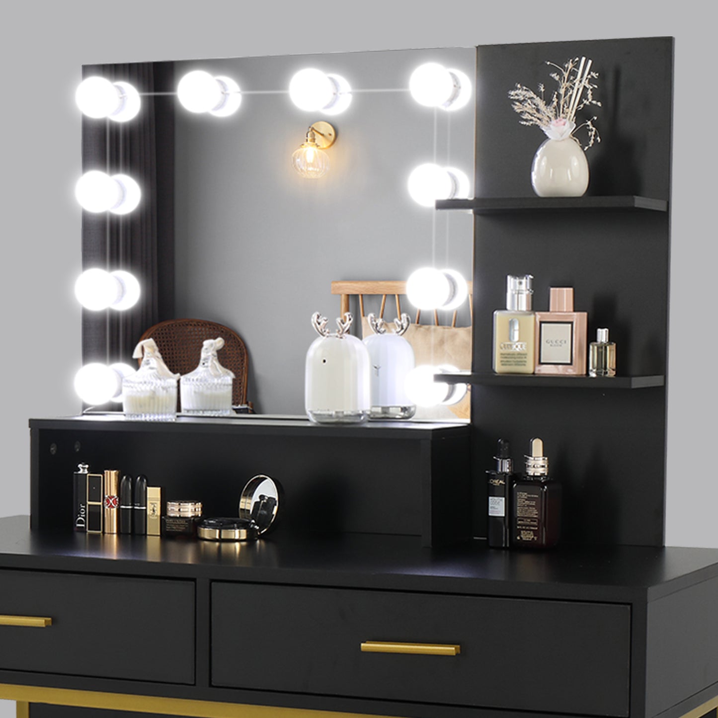Black, Particleboard, Steel Frame, Two-drawer, Three-tier Shelf, Dressing Table Set, Three-tone Light, Light Luxury