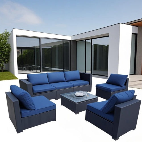 Conjunto de Sofá de Siete Piezas con Mesa y Silla de Sofá en Muebles de Exterior de Ratán PE Negro 7-JH001 Caja 3-1-2-3 con Cojín de Color Azul