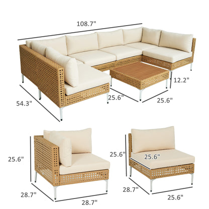 7 Piece Wicker Patio Furniture Set, Modular Outdoor Sectional With Thickened Cushions, Acacia Wood Table, Khaki Beige