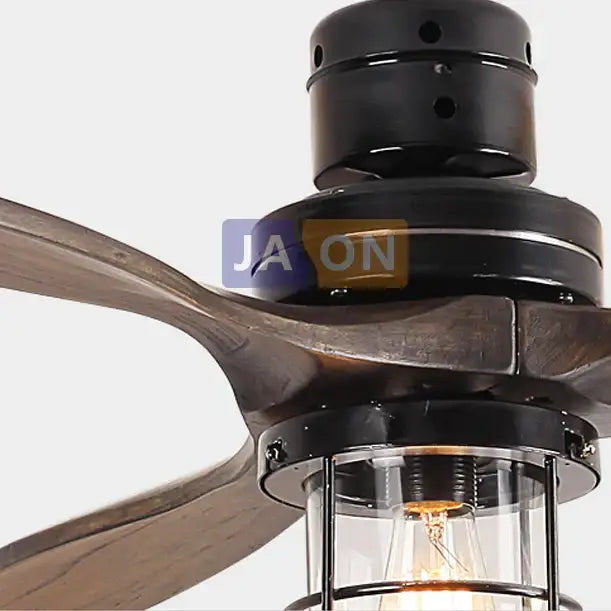Edison loft white and wood ceiling fan with black metal frame and vintage lantern-style led light for bedroom use