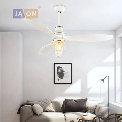 Edison loft white and wood ceiling fan with three blades and vintage style led light for bedroom use