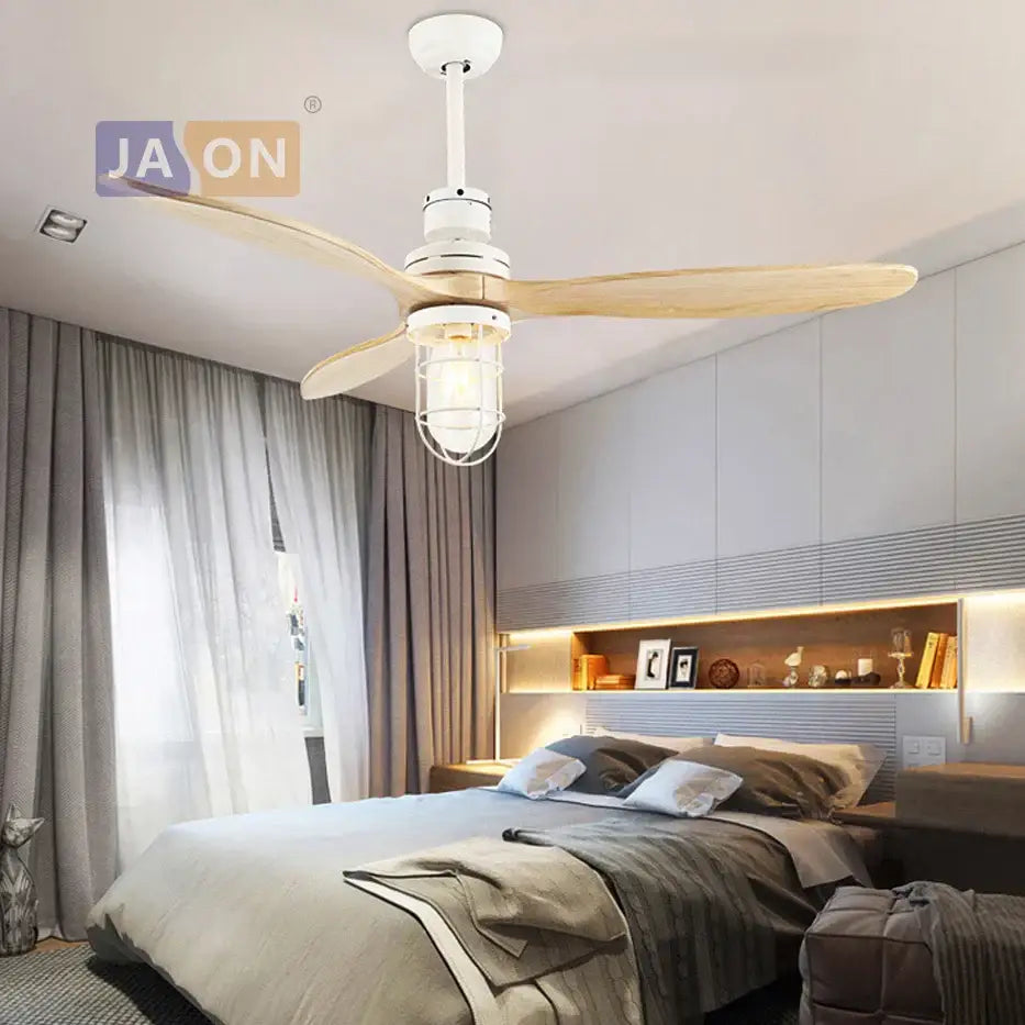 Edison loft white and wood ceiling fan with led light featuring light wood blades and vintage-style cage lamp for bedroom
