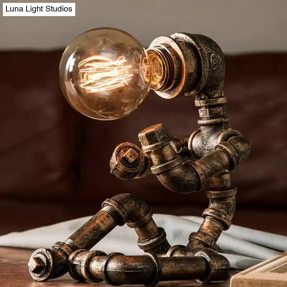 Édith - Bronze Warehouse Style Iron Table Light: Single-Bulb Robot Nightstand