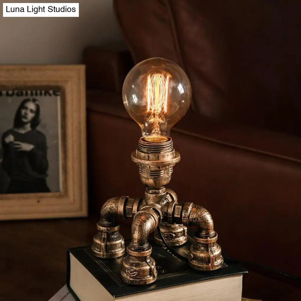 Édith - Bronze Warehouse Style Iron Table Light: Single-Bulb Robot Nightstand