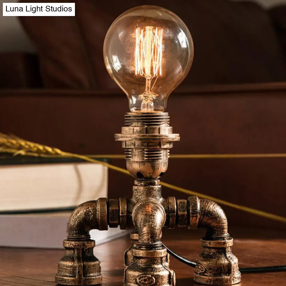 Édith - Bronze Warehouse Style Iron Table Light: Single-Bulb Robot Nightstand