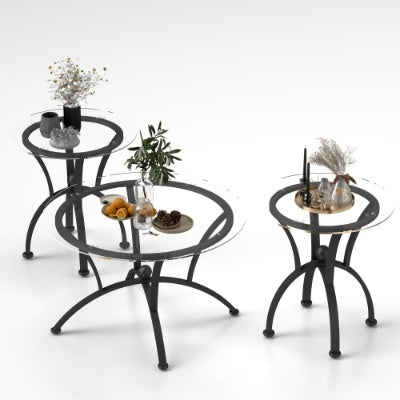 Juego de Mesas de Café de 3 Piezas con Superficie de Vidrio Templado, Mesa de Café Decorativa Redonda de Extremo Lateral con Construcción Robusta para Sala de Estar en Negro Rústico